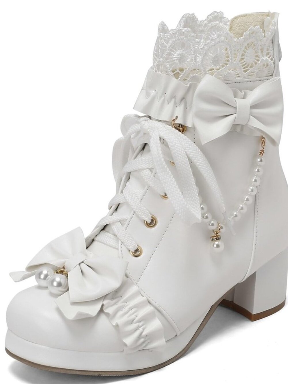 Women Cute Lolita Boots Chunky Mid Heel Lace Up Ankle Boots with Bow